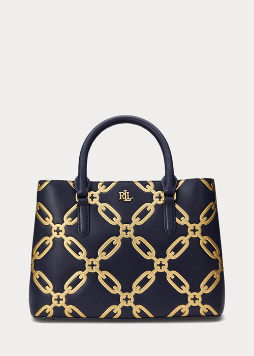 Refined Navy/Modern Gold Ralph Lauren Foil-Print Leather Medium Marcy Women's Satchel Bags | 5809-SJLNR
