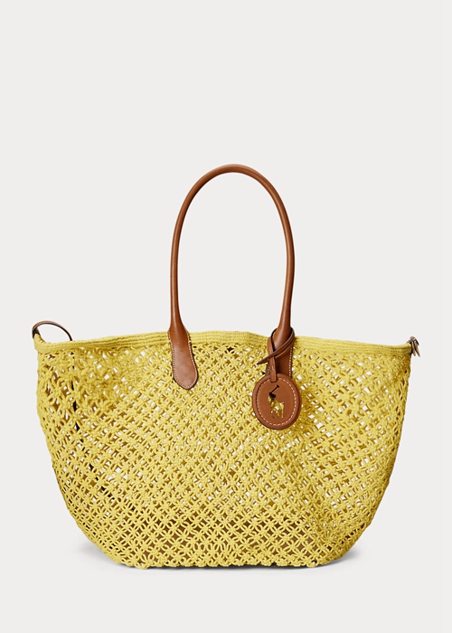 Sunfish Yellow Ralph Lauren Leather-Trim Crochet Large Bellport Women's Tote Bags | 1536-VCNFK