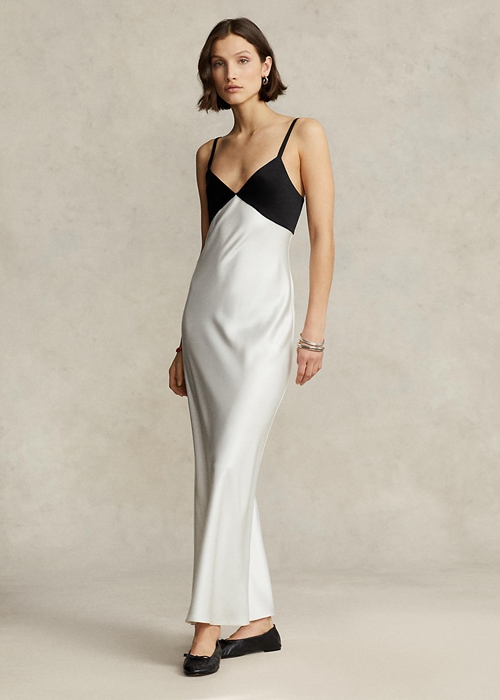 White / Black Ralph Lauren Contrast Satin Sleeveless Gown Women's Dress | 0946-AMEZW