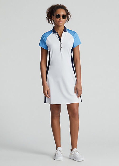 White / Blue Ralph Lauren Color-Blocked Stretch Jersey Women's Dress | 7602-MDJQZ