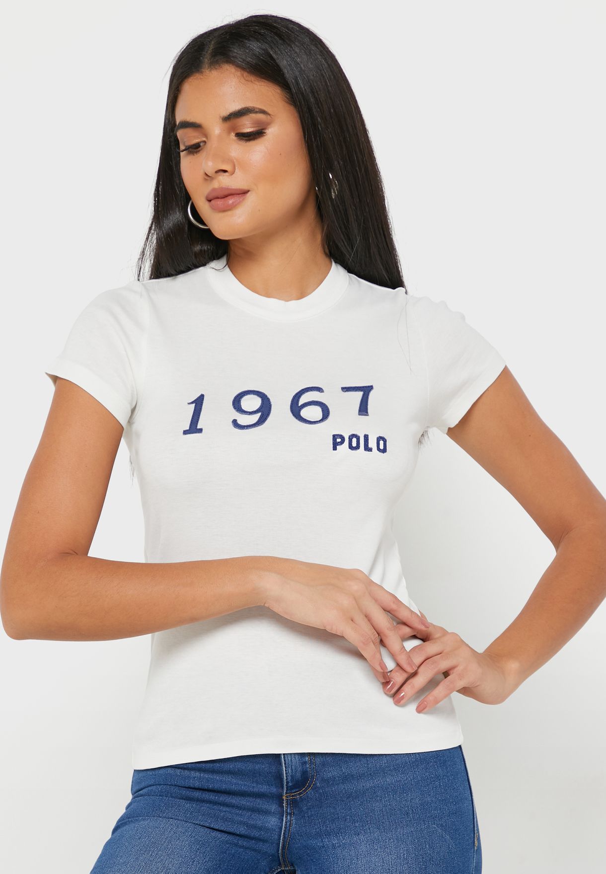 White Ralph Lauren Crew Neck Graphic Women's T Shirts | 1043-GDLVR
