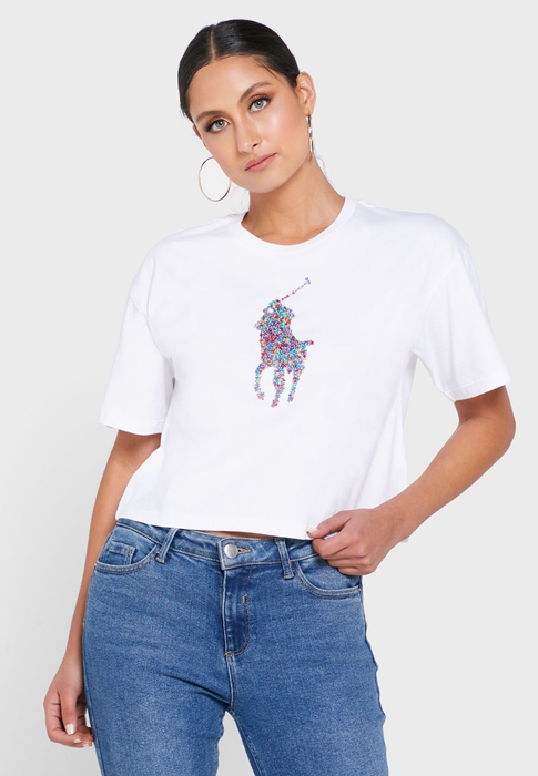 White Ralph Lauren Crew Neck Graphic Women's T Shirts | 7314-FZOYC