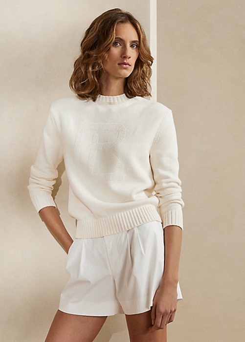 White Ralph Lauren Embellished RL Cotton-Blend Women's Sweaters | 3940-OVCFE