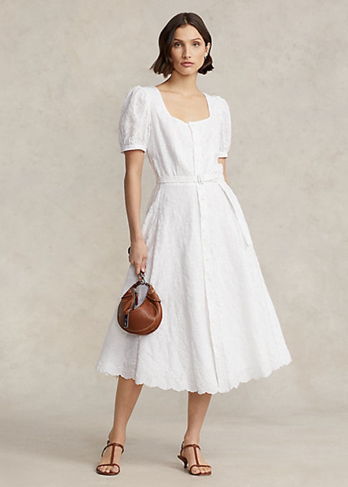 White Ralph Lauren Eyelet-Embroidered Linen Women's Dress | 8301-BDOCX