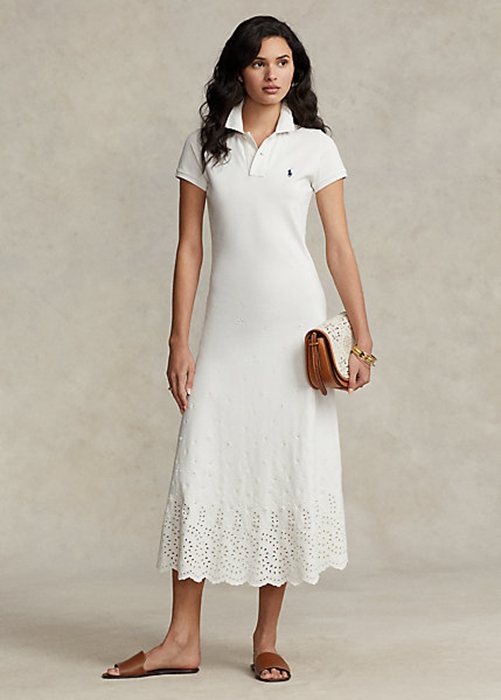 White Ralph Lauren Eyelet Stretch Cotton Mesh Women's Dress | 9284-GKQJY