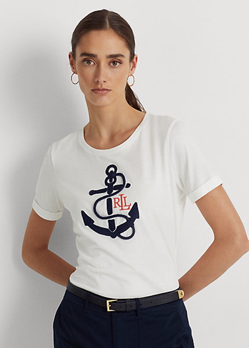 White Ralph Lauren Logo-Appliqué Cotton-Blend Women's T Shirts | 6098-KJPWL