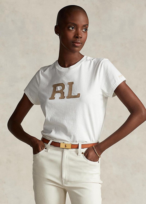 White Ralph Lauren Rl-suede-applique Jersey Women's T Shirts | 5789-BTWEA