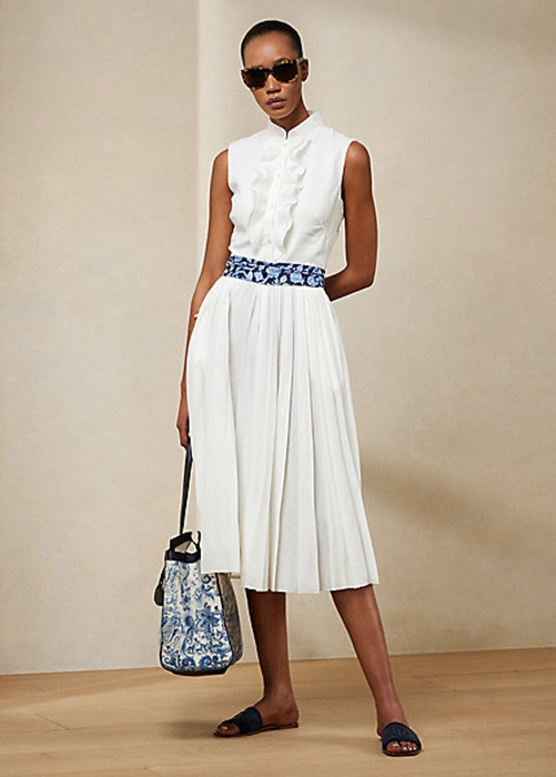 White Ralph Lauren Roald Pleated Linen Sleeveless Day Women's Dress | 3164-YIGLV