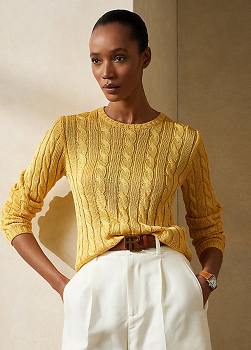Yellow Ralph Lauren Cable-Knit Silk Crewneck Women's Sweaters | 0894-FCEGN