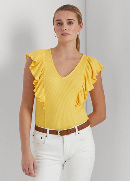 Yellow Ralph Lauren Ruffle-trim Rib-knit Women's T Shirts | 8159-GUOQN